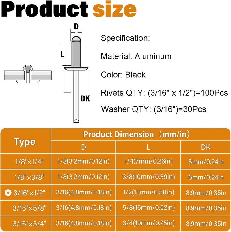 JTAREA 130pcs 3/16" x 1/2" Black Aluminum Pop Rivets with Stainless Steel Washers 4.8 x 12.7mm Blind Rivet Assortment Kit - Image 2